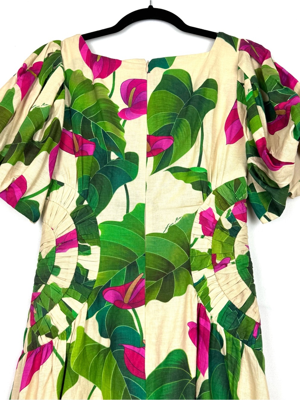 New With Tags FARM Rio Cream Midi Dress with Pink Anthurium & Green Leaves Small - Picture 8 of 14